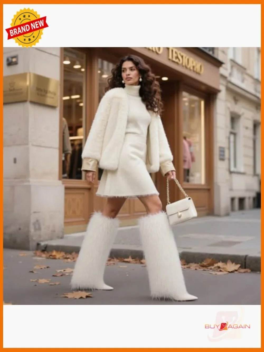 Knee High Faux Fur Boots Stiletto Heel Pointed Toe Wide Calf Slouchy